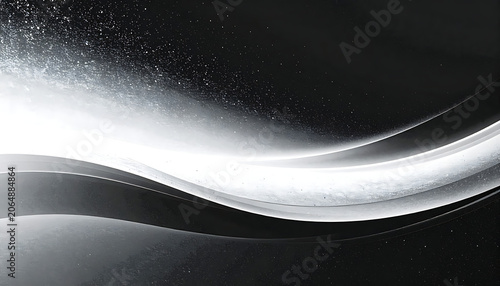 Monochrome abstract background with flowing waves, particle texture, motion blur, smooth energy, digital dynamic flow