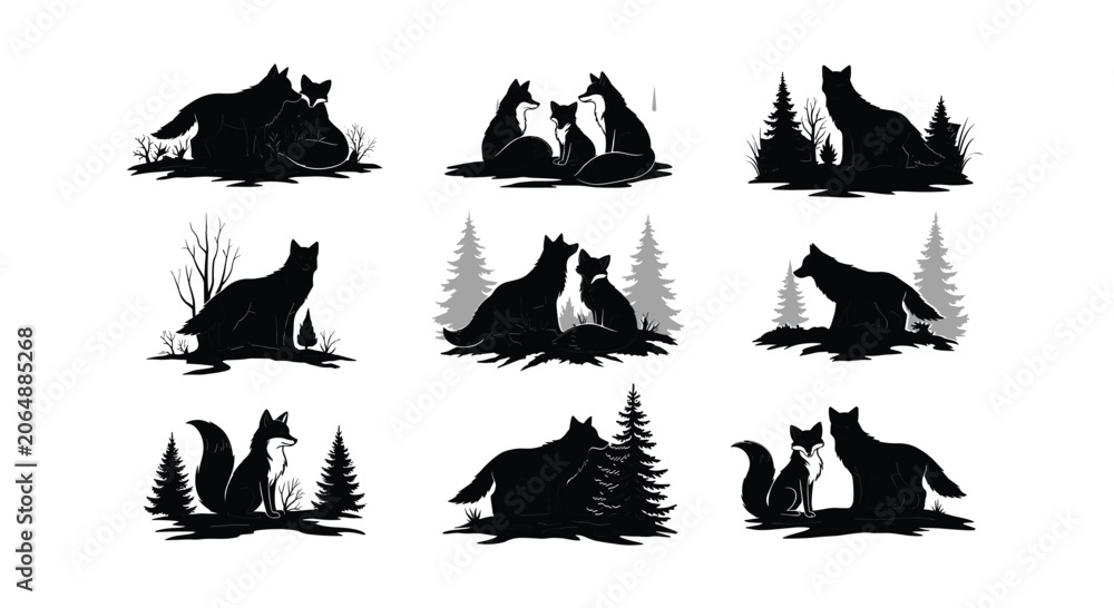 Fototapeta premium Collection of fox silhouettes in natural environment, forest and meadow scenes, graphic illustration.