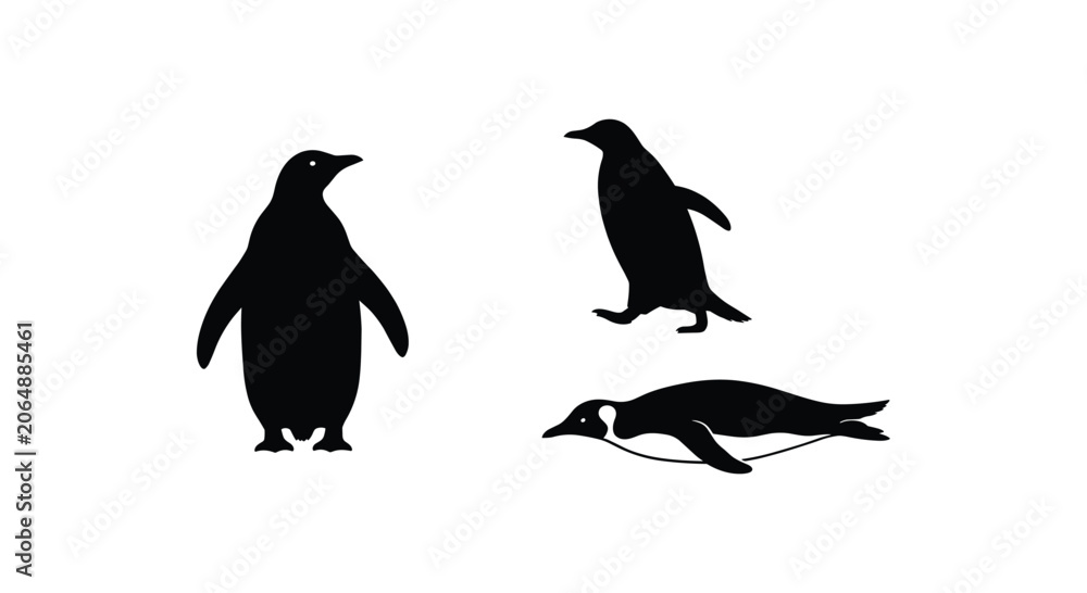 Obraz premium Penguin silhouettes in different poses including standing and swimming for arctic theme.