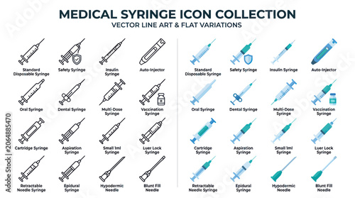 Tableau sur toile Medical syringe icon set featuring various injection tools