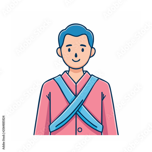 Flat illustration of a person with blue hair and crossed straps