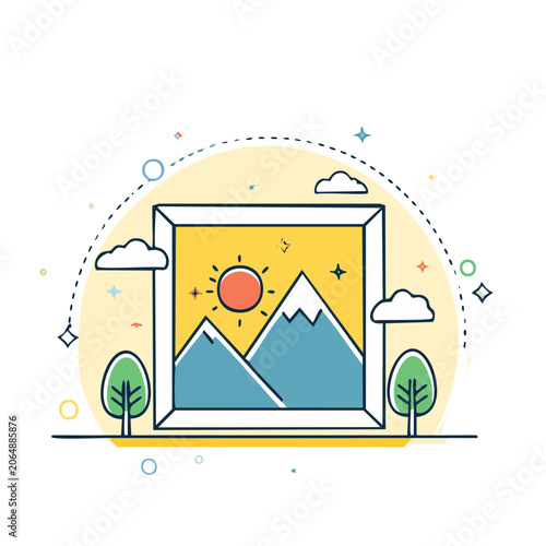 Framed mountain landscape illustration with sun and trees