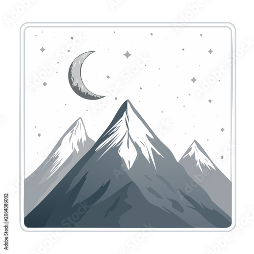 Minimalist Mountain Range with Moon and Stars Illustration