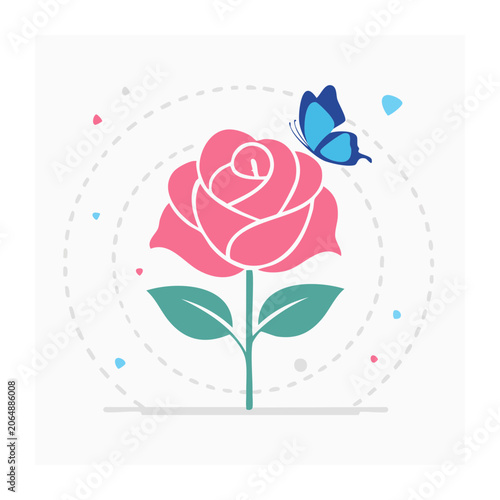 Pink rose with blue butterfly flat illustration