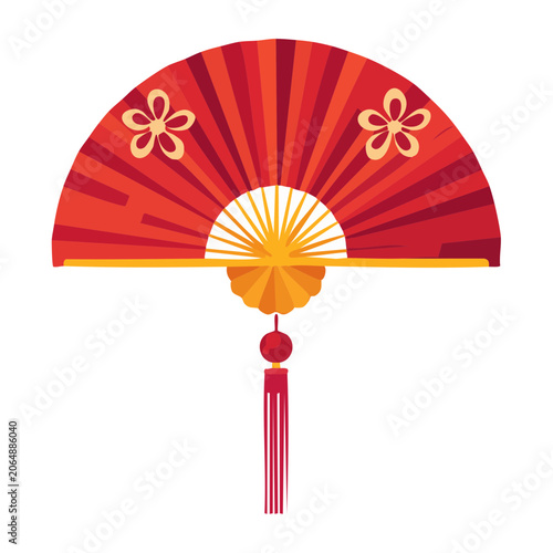 Red Oriental Fan with Flower Design and Tassel