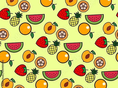 A vibrant and cute seamless pattern background featuring a mix of tropical fruits