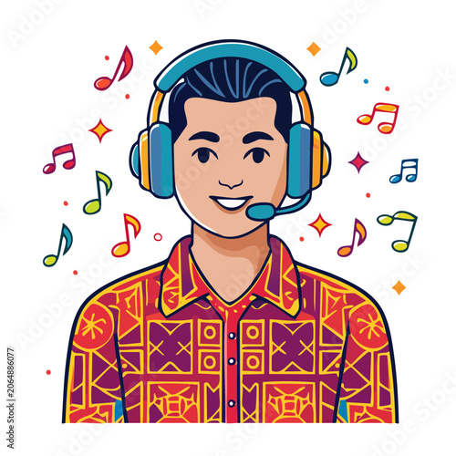 Smiling man wearing headphones with music notes illustration