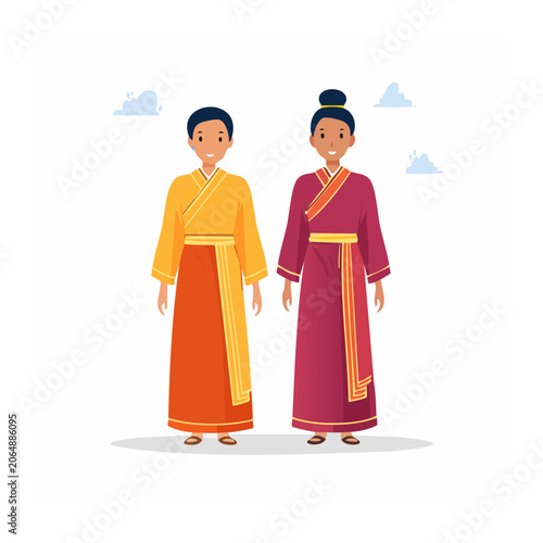 Two people in traditional Asian clothing illustration