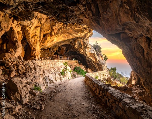A dirt path winds through a natural stone archway, overlooking a serene body of water at sunset