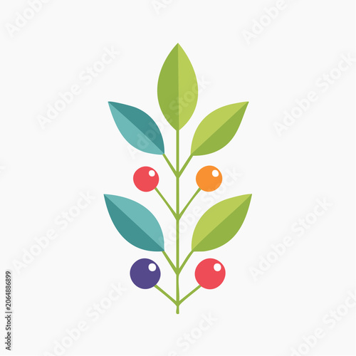 Stylized Plant Branch with Leaves and Berries