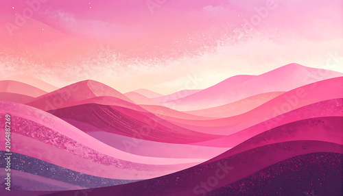 Pixel art landscape of layered pink and purple mountains with retro gradient sky, dreamy atmosphere