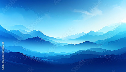 Pixel art landscape of layered blue mountains in a misty atmosphere, serene digital nature scenery, retro 8-bit gaming aesthetic style