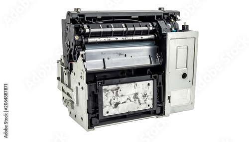 A disassembled printer component with exposed internal mechanisms