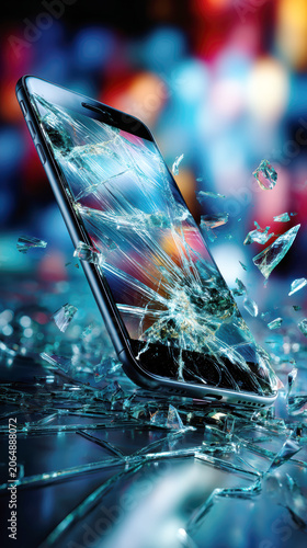 Broken Smartphone Screen with Flying Glass Shards Technology Damage Concept AI Generative