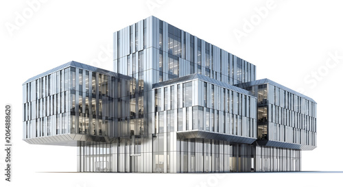 Modern silver building with unique architecture and glass facade in city