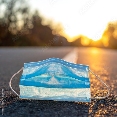 A discarded blue surgical mask lies on an empty road at sunset