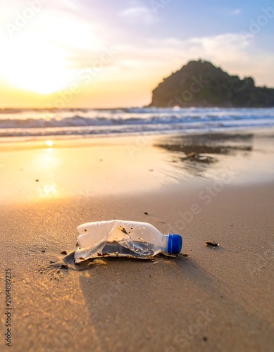 A discarded plastic bottle lies on a serene beach at sunset