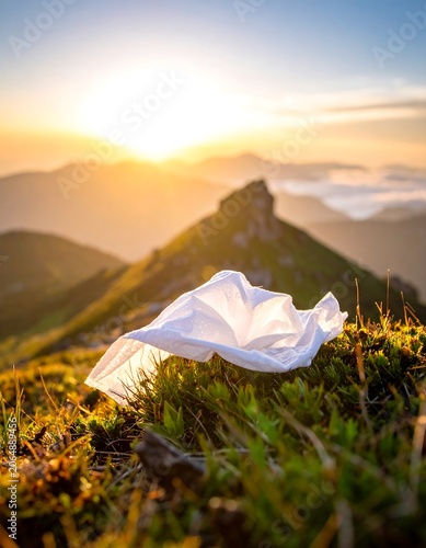 A discarded white cloth lies on a grassy mountain slope at sunset