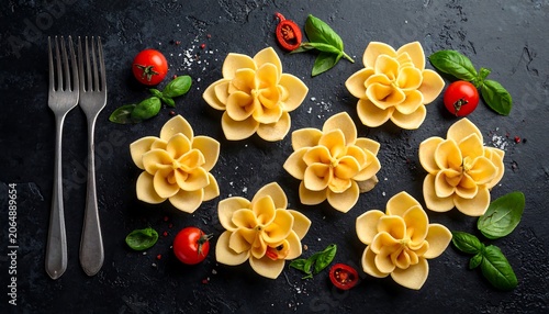 A dish of flower-shaped pasta with tomatoes, basil, and forks on a dark surface
