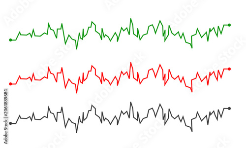 Three colorful, jagged line graphs in green, red, and dark gray, perfect for financial market analysis, data visualization, and professional business reporting presentations.