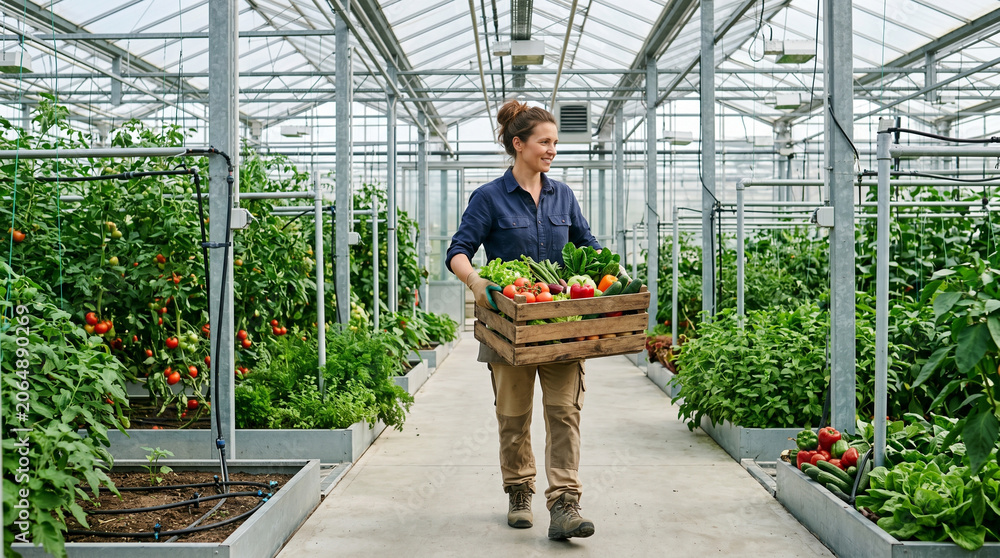 Obraz premium Woman carrying vegetable crate in greenhouse