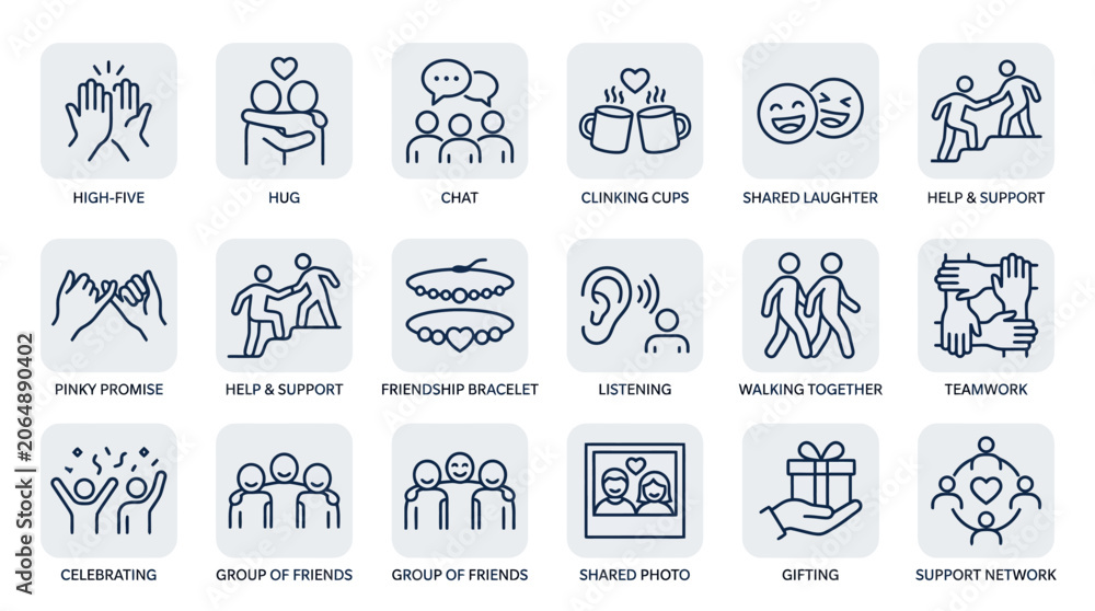 Fototapeta premium Set of outline icons representing human connection, friendship, and support services
