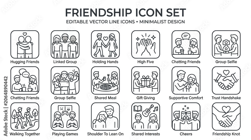 Obraz premium Editable Line Vector Icons for Friendship and Connection Set Minimalist Design