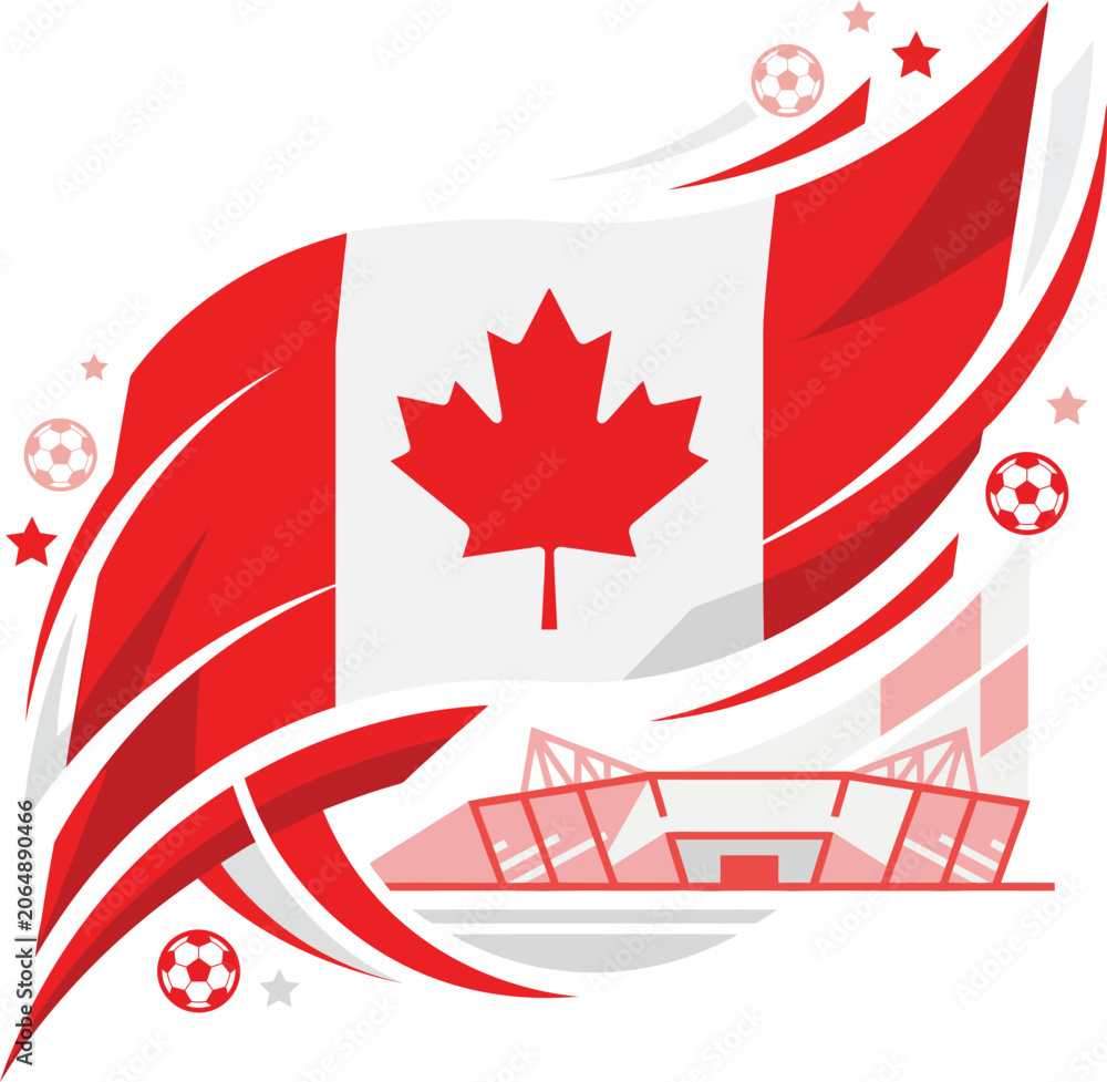 Obraz premium Dynamic Canada Flag Vector Illustration with Soccer Theme, Abstract Red Swooshes, and Stadium Background for 2026 World Cup