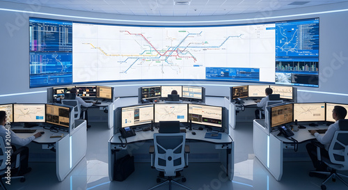 Operators monitor traffic control systems in a modern transportation management center with screens.