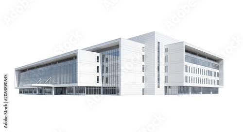 Large modern office building with sleek glass windows and white exterior architecture