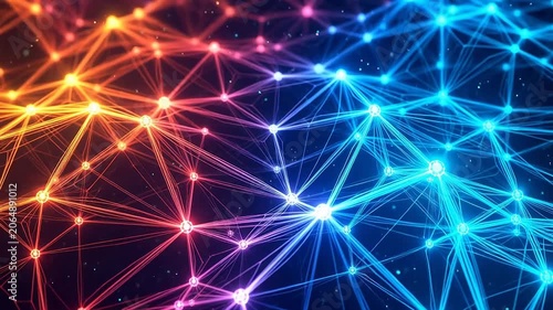 Abstract Digital Network Connection with Glowing Nodes and Lines in Orange and Blue Gradient