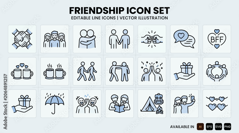 Fototapeta premium Friendship Icon Set Editable Line Art Vector Illustrations for Social Connections and Relationships