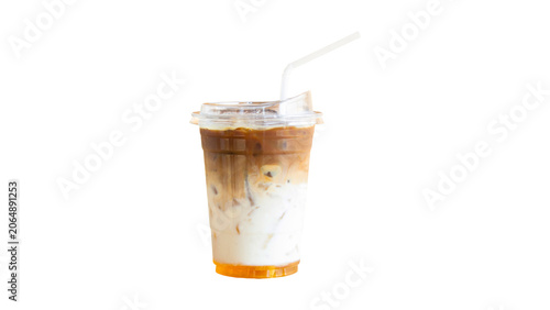 Canvastavla Iced coffee with milk in a plastic cup with a straw isolated on transparent back