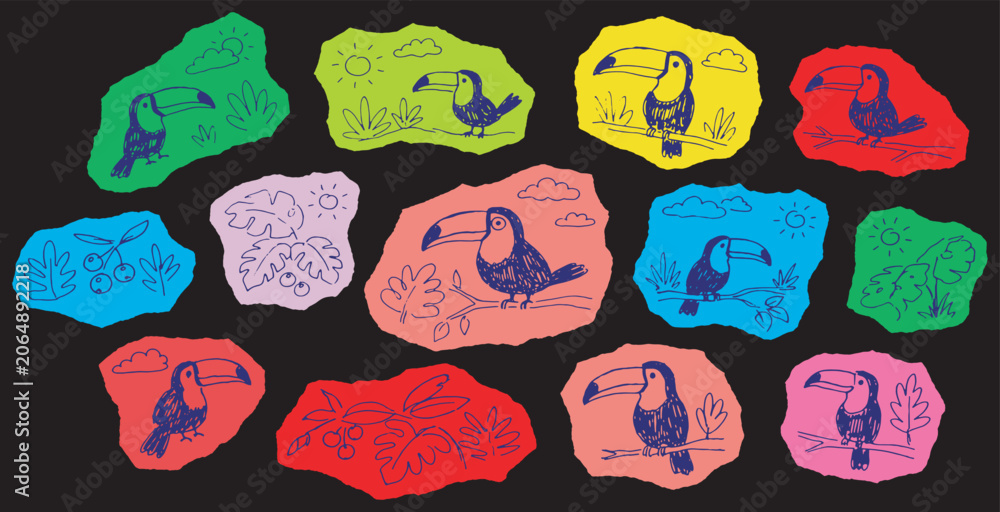 Fototapeta premium Colorful Toucan Bird Illustrations on Torn Paper Shapes, Tropical Jungle Design Elements.