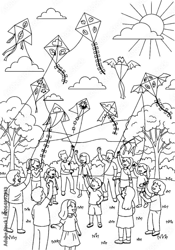 Fototapeta premium Joyful Group of People Flying Colorful Kites in Park.