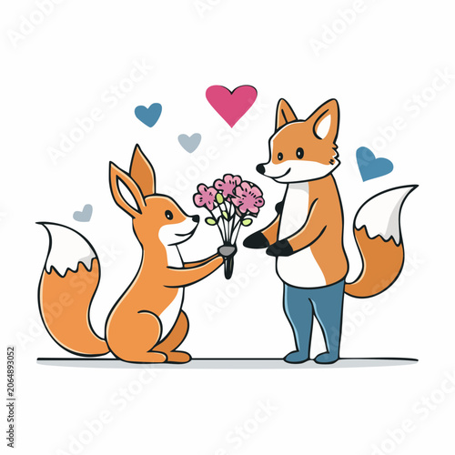 Cute Cartoon Foxes Giving Flowers