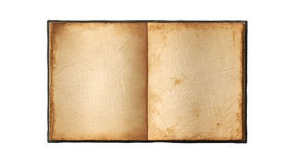Open old vintage book with blank textured pages isolated on transparent background