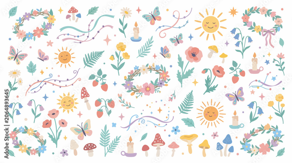 Obraz premium Whimsical collection of charming illustrations featuring suns, butterflies, flowers, mushrooms, and floral wreaths, evoking a magical and natural theme.