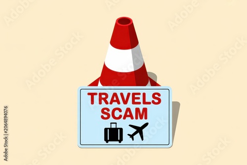 TRAVELS SCAM Sign with Traffic Cone, Suitcase, and Airplane Icons
