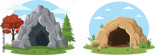 Two Natural Rocky Cave Entrance Flat Vector Illustration Set with Trees, Grass, and Sky for Adventure, Nature, and Landscape Designs