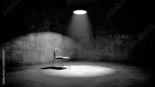 detention. Empty interrogation room with a harsh spotlight on a metallic chair, stark shadows. wellbeing guides, coaching materials, designed for coaching and self-improvement content.