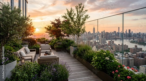 Luxury rooftop terrace garden with modern furniture overlooking New York City skyline at sunset