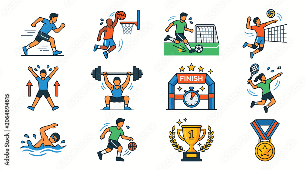 Fototapeta premium Back to School sports icons set including athletes competing in various games and activities