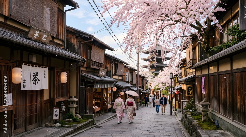 Fototapeta premium traditional Japanese street in Kyoto lined with cherry blossom trees in full bloom