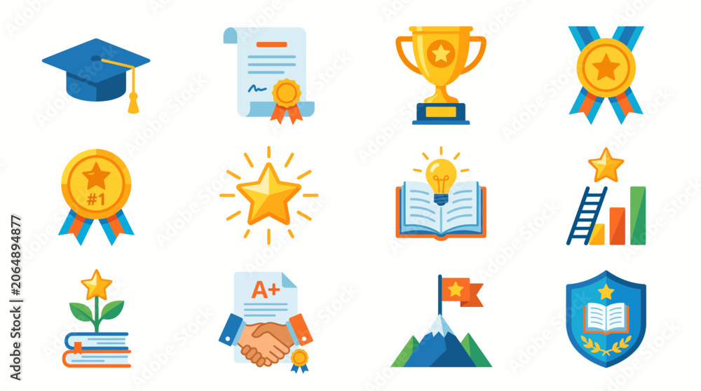 Fototapeta premium Back to School icons set for education and learning, featuring graduation cap, certificate, trophy, and book symbols