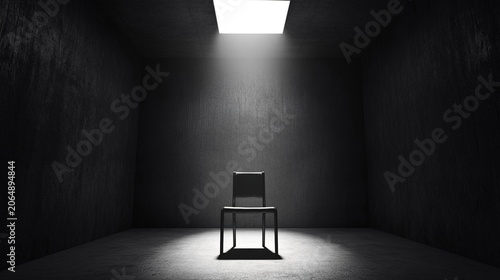 detention. Empty interrogation room with a harsh spotlight on a metallic chair, stark shadows. wellbeing guides, coaching materials, designed for coaching and self-improvement content.