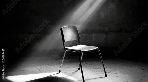 detention. Empty interrogation room with a harsh spotlight on a metallic chair, stark shadows. wellbeing guides, coaching materials, designed for coaching and self-improvement content.