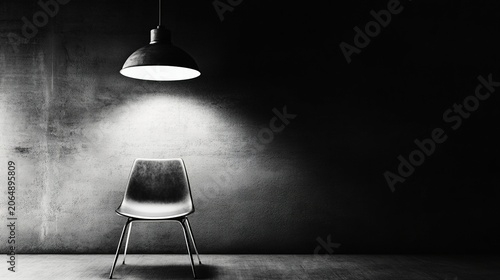 detention. Empty interrogation room with a harsh spotlight on a metallic chair, stark shadows. wellbeing guides, coaching materials, designed for coaching and self-improvement content.