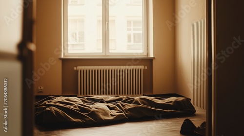 barrack. Empty military barrack bed with a neatly made uniform, sparse room in melancholic morning light. wellbeing guides.