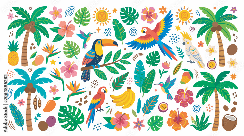 Obraz premium A vibrant, colorful illustration of tropical elements including parrots, toucans, hummingbirds, palm trees, exotic flowers, and fruits on a white background.